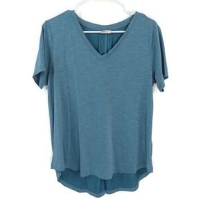 Mod Ref Small Blue V Neck Pleated Back Short Sleeve Tunic High Low Blouse Shirt